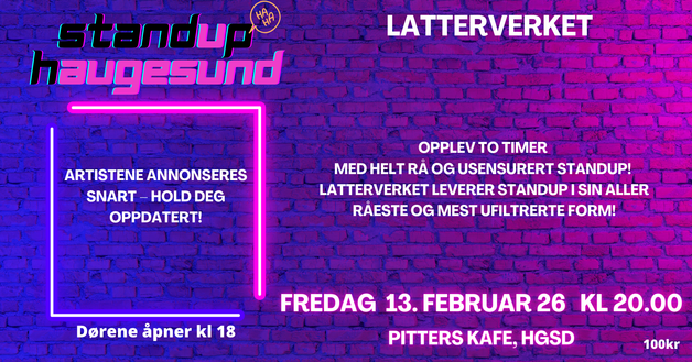 Event image Latterverket på Pitters, Fredag 13.02.2026