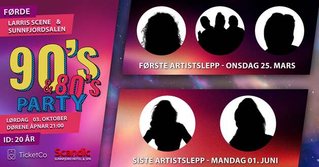 Event image 90`S PARTY 2026 // LARRIS SCENE & SUNNFJORDSALEN // LAURDAG 3. OKTOBER.