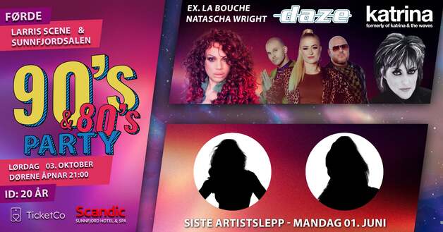 Event image 90`S PARTY 2026 // LARRIS SCENE & SUNNFJORDSALEN // LAURDAG 3. OKTOBER.