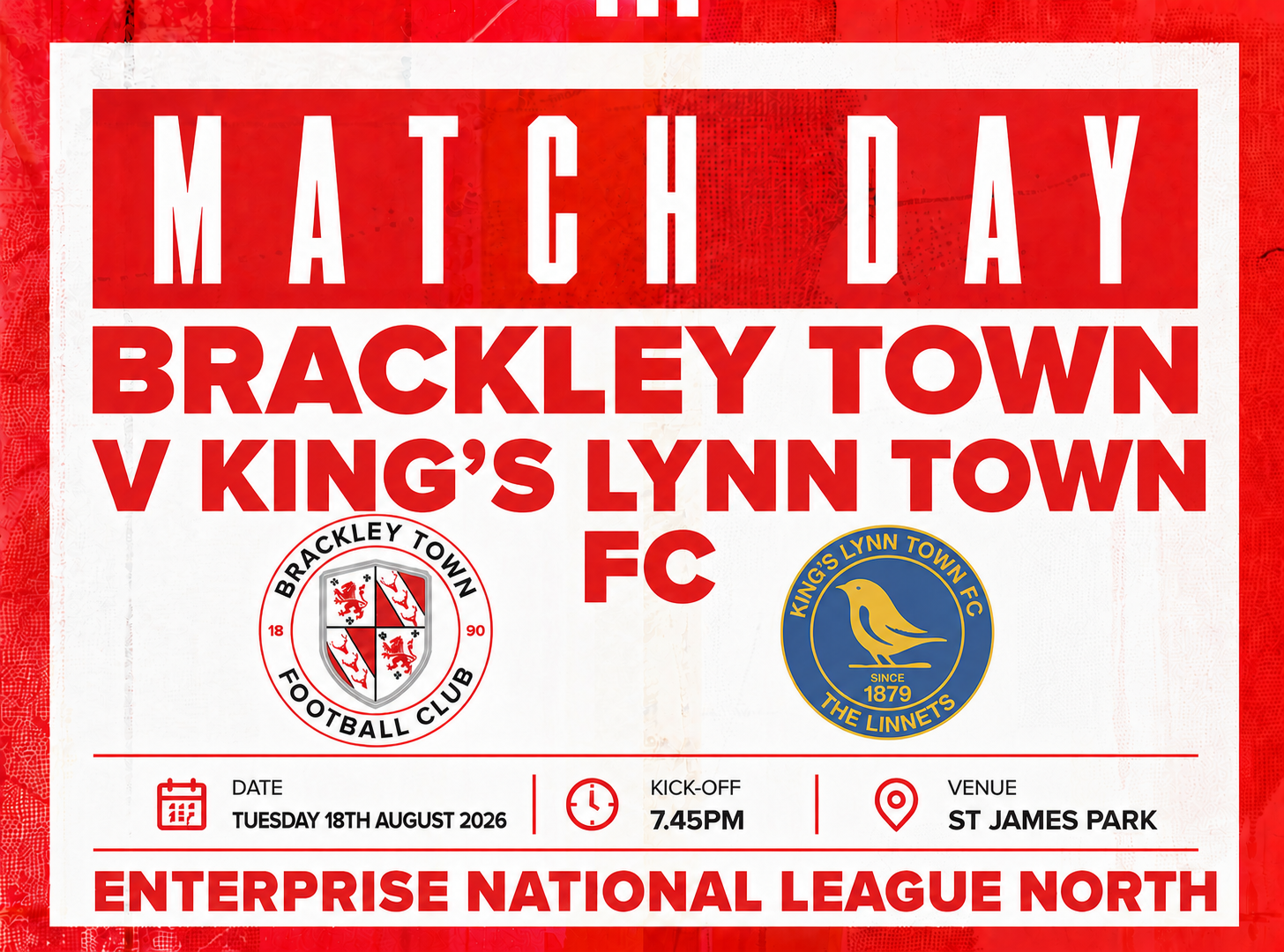 Event image Brackley Town FC v King's Lynn Town FC – Enterprise National League North – Tuesday 18th August 2026 - KO 7.45pm