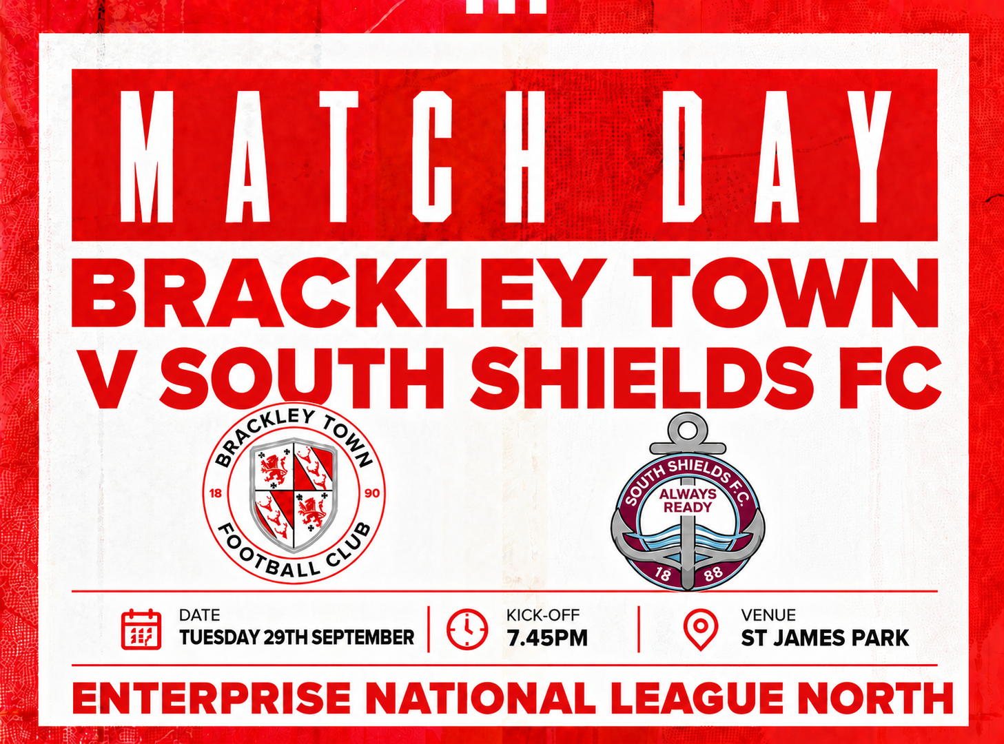 Event image Brackley Town FC v South Shields FC – Enterprise National League North – Tuesday 29th September 2026 - KO 7.45pm