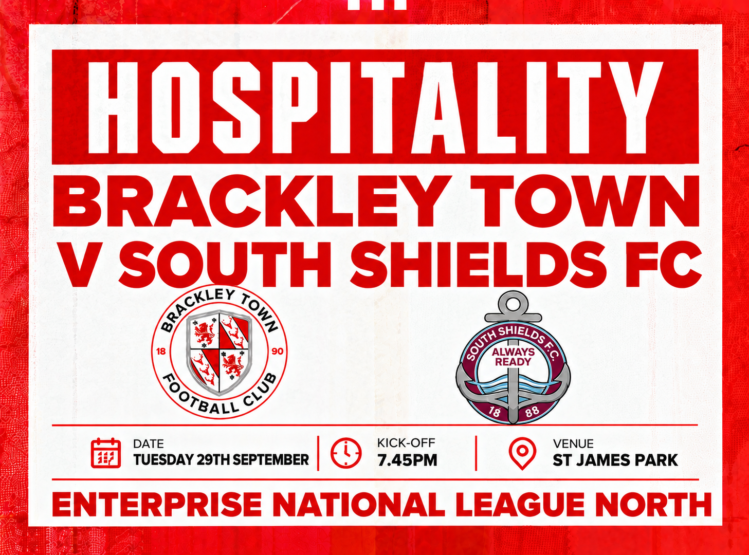 Event image HOSPITALITY - Brackley Town FC v South Shields FC – Enterprise National League North – Tuesday 29th September 2026 - KO 7.45pm