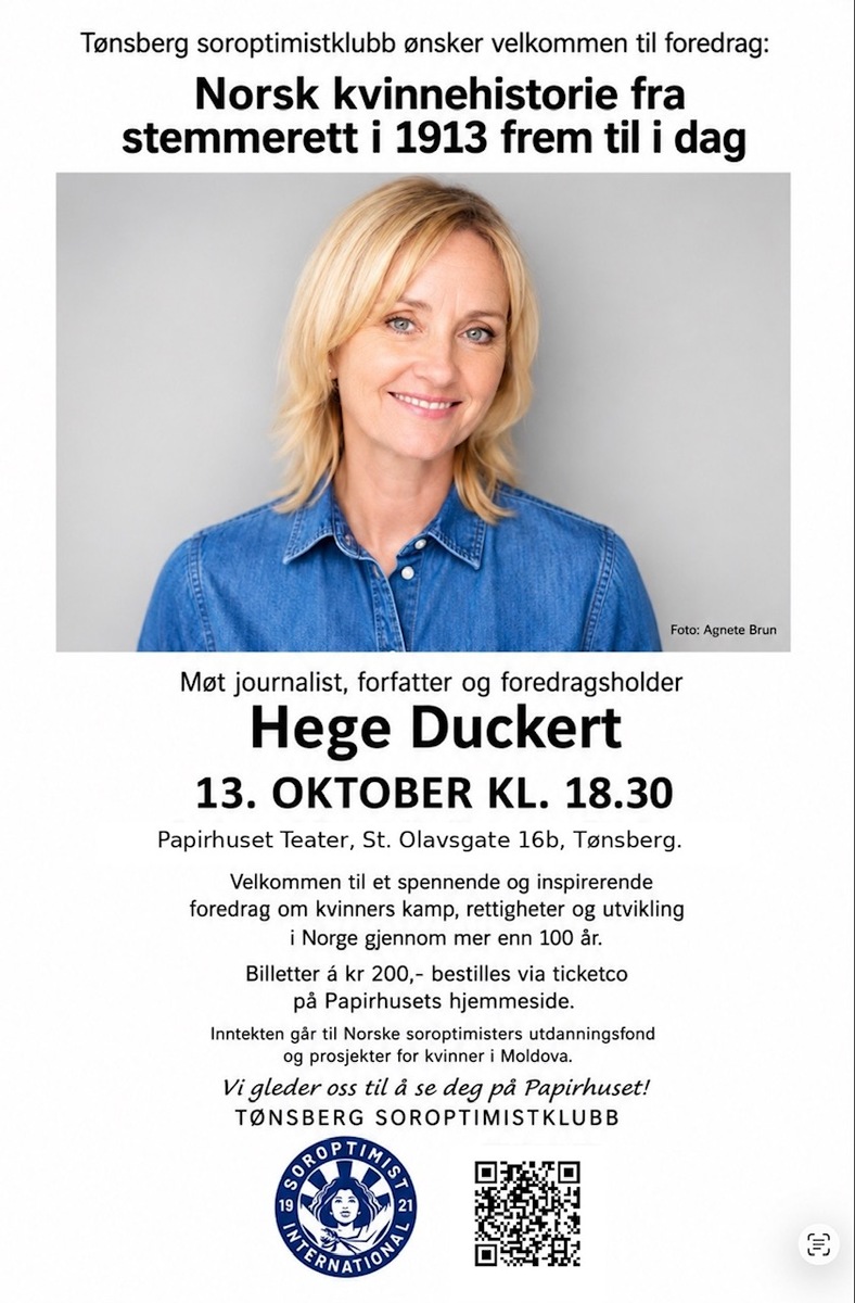 Event image Tønsberg soroptimistklubb: Møt journalist, forfatter og foredragsholder Hege Duckert