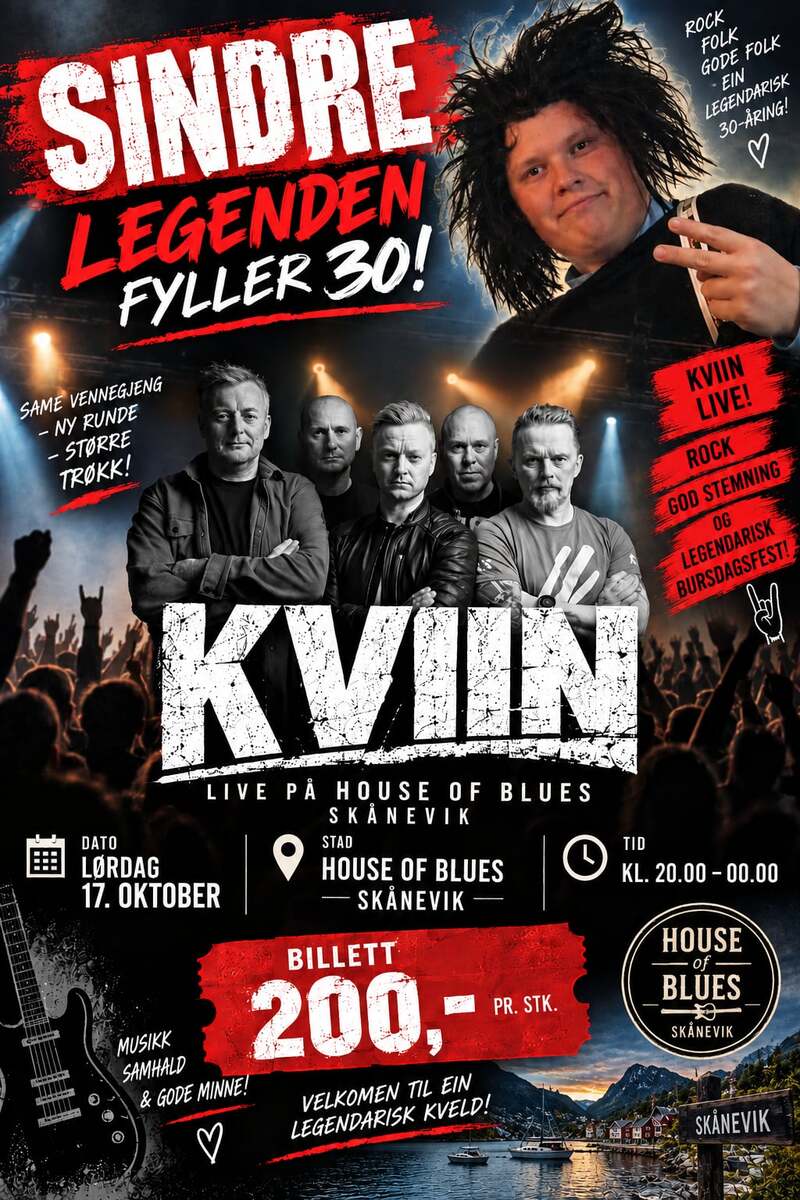 Event image SINDRE 30 år❤️Feiring med KVIIN på House of Blues 17 okt kl 20😄🎸Velkomen