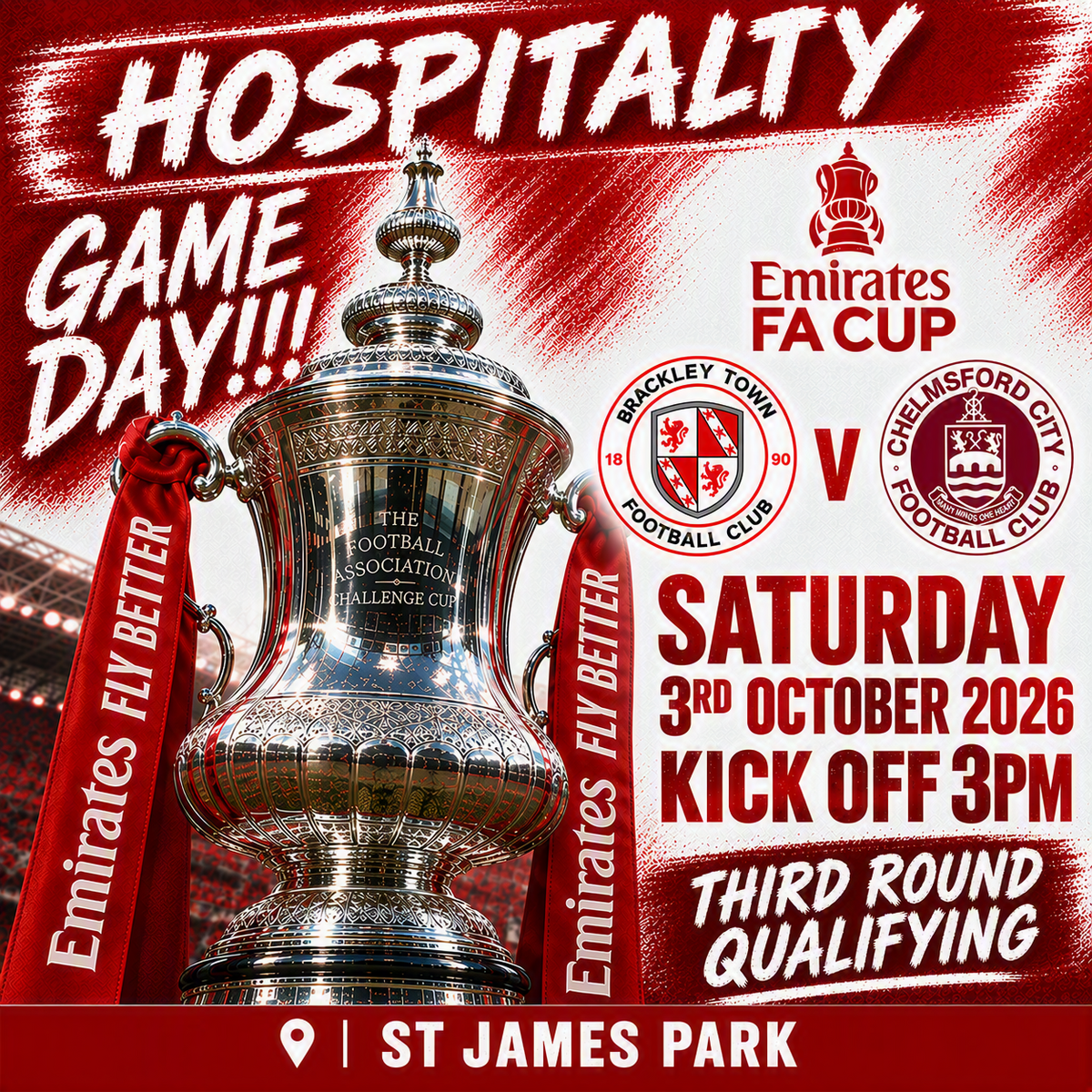 Event image HOSPITALITY - Brackley Town FC v Chelmsford City – Emirates FA Cup Third Round Qualifying – Saturday 3rd October 2026 - KO 3pm