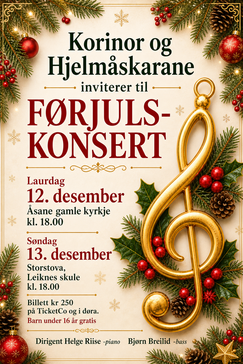 Event image  Hjelmåskarane og Korinor inviterer til Førjulskonsert