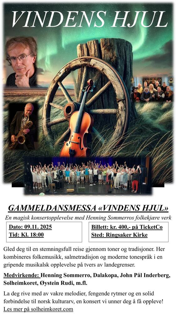 Event image Gammeldansmessa "Vindens Hjul" en magisk konsertopplevelse i Ringsaker Kirke, søndag 9.november 2025 kl. 18:00.
