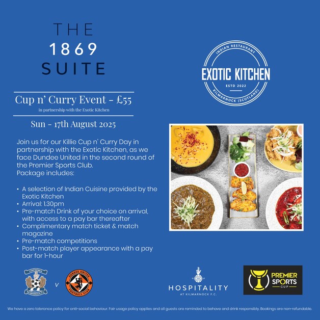 Event image Kilmarnock vs Dundee Utd - Cup n' Curry - Sunday 17th August, 3pm