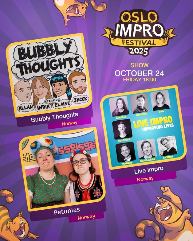 Event image Friday Galleriet 6 PM // Bubbly Thoughts | Petunias | Live Impro // Oslo Impro Festival 2025