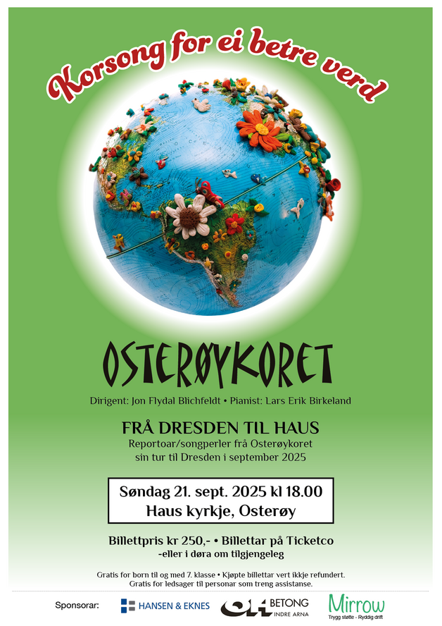 Event image "Korsong for ei betre verd" Osterøykoret inviterer til konsert i Haus kyrkje søndag 21.september kl.18.00