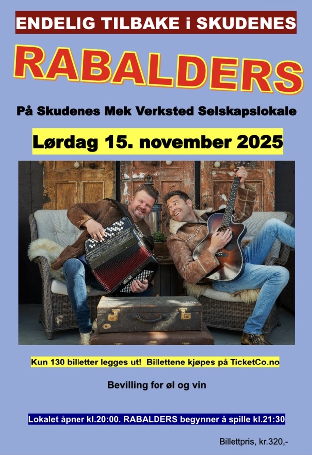 Event image RABALDERS TIL SKUDENES MEK VERKSTED SELSKAPSLOKALE