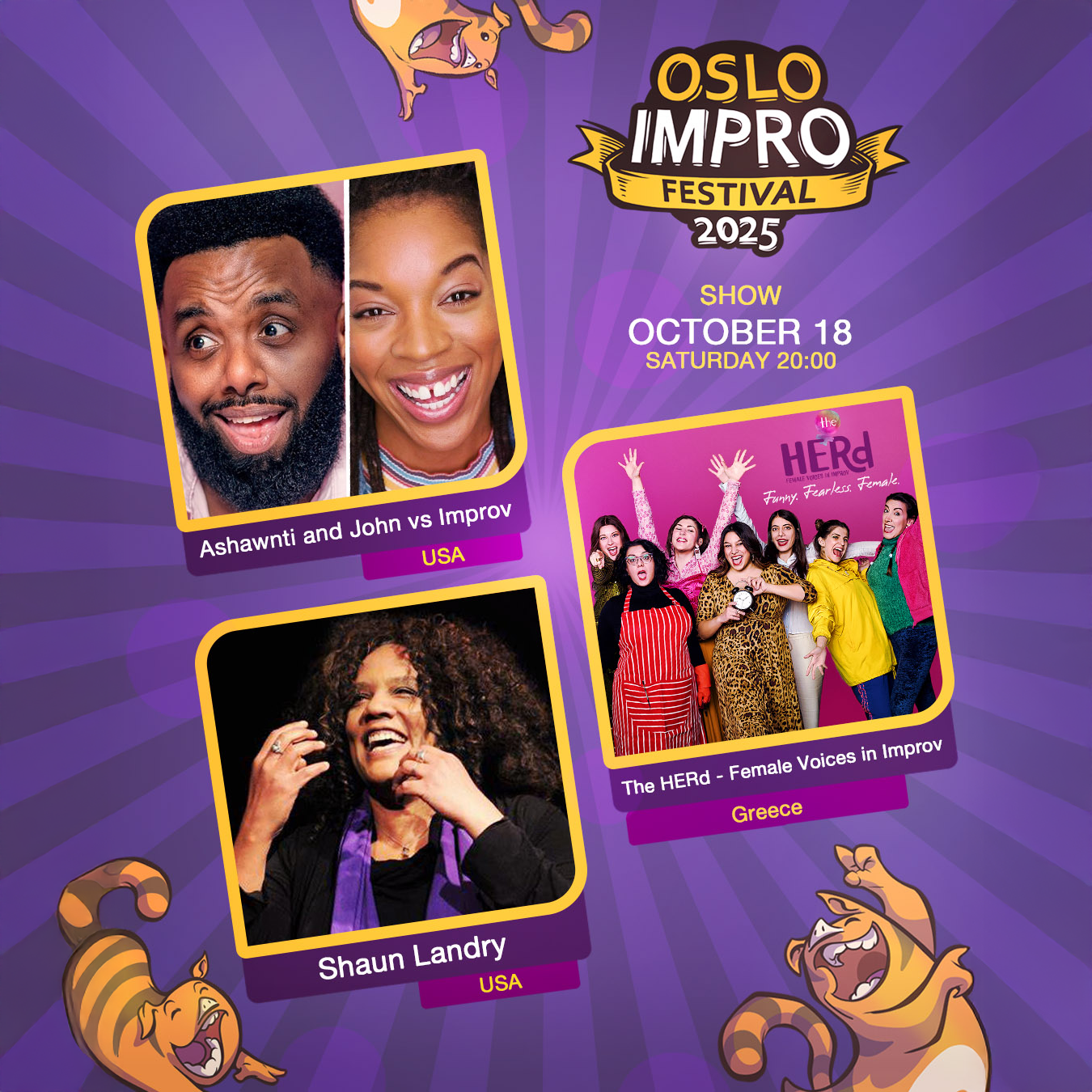 Event image Saturday 8 PM // Ashawnti and John vs Improv | The HERd | Shaun Landry // Oslo Impro Festival 2025