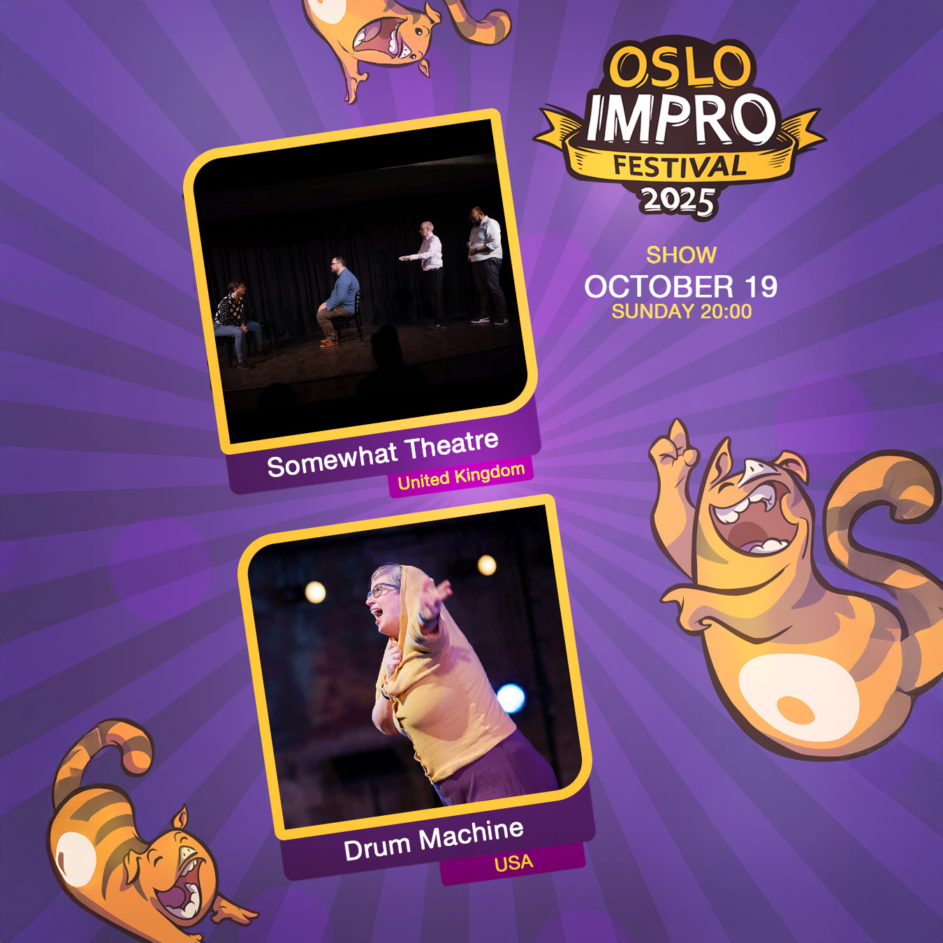 Event image Sunday 8 PM // Somewhat Theatre (UK) | Drum Machine (USA) // Oslo Impro Festival 2025