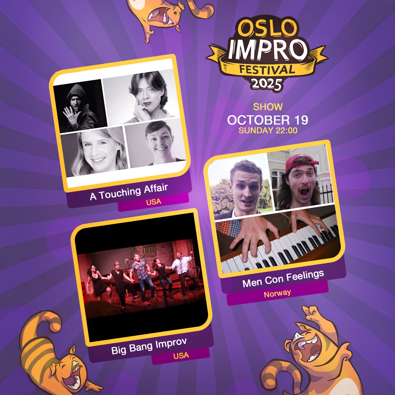 Event image Sunday 10 PM // A Touching Affair (USA) | Big Bang Improv (USA) | Men Con Feelings // Oslo Impro Festival 2025