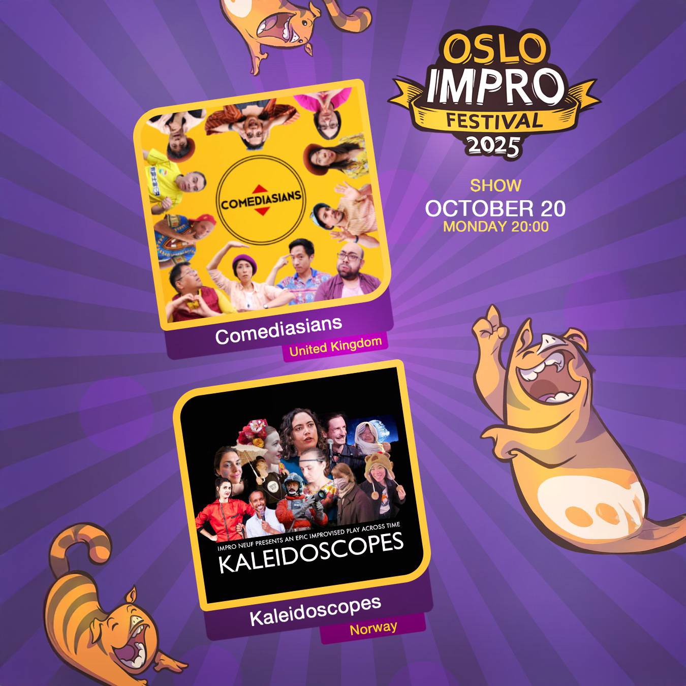 Event image Monday 8 PM // Comediasians (UK) | Kaleidoscopes // Oslo Impro Festival 2025