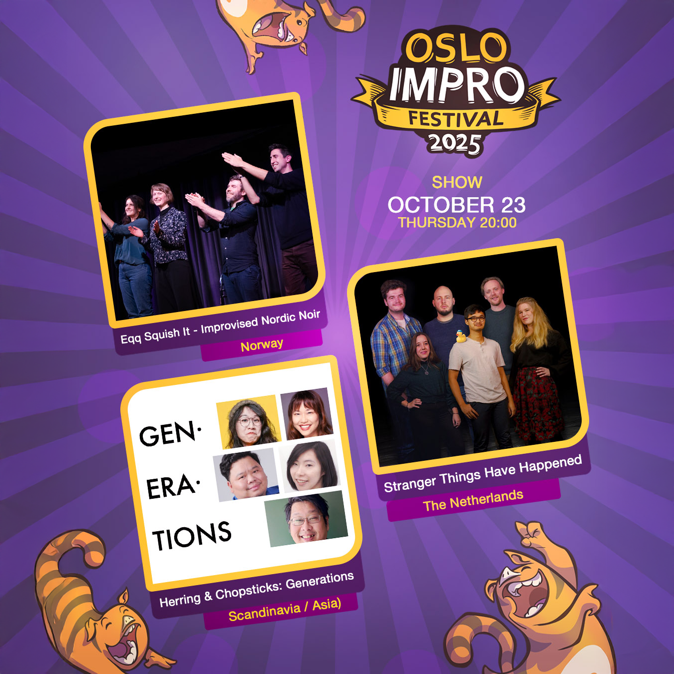 Event image Thursday 8 PM // Egg Squish It | Herring & Chopsticks | Stranger Things Have Happened // Oslo Impro Festival 2025