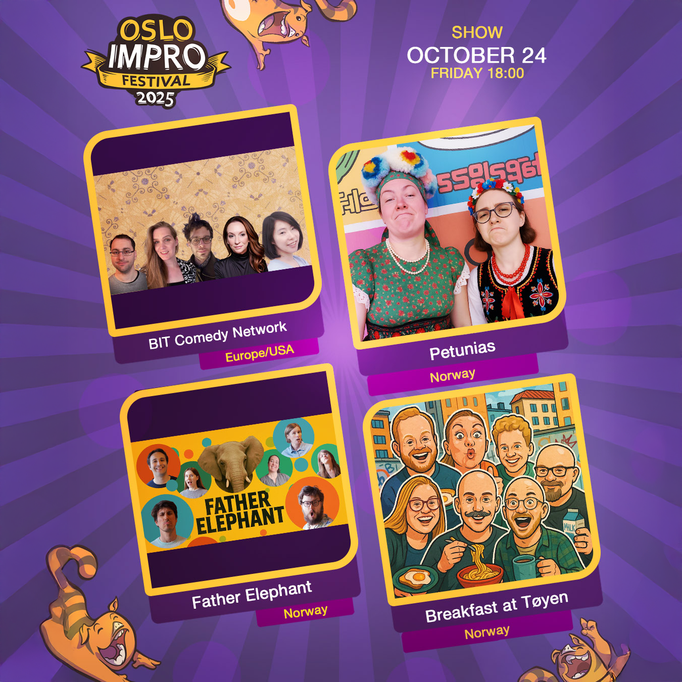 Event image Friday Lillesalen 6 PM // BIT Comedy Network | Petunias | Breakfast at Tøyen // Oslo Impro Festival 2025